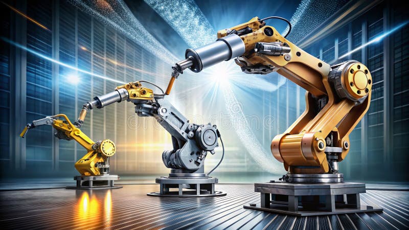Prezentare cu expunere dublă în robotică de precizie a brațelor robotice avansate, echipate cu instrumente sofisticate pentru prec royalty free illustration