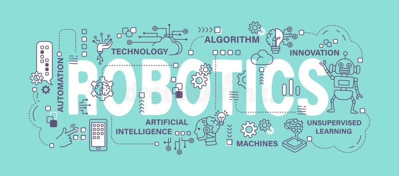 Robotik. Konzept der künstlichen Intelligenz. Wort mit dem Symbol 'Skizze' Art Banner. bearbeitbarer Strich. Vektor stock abbildung