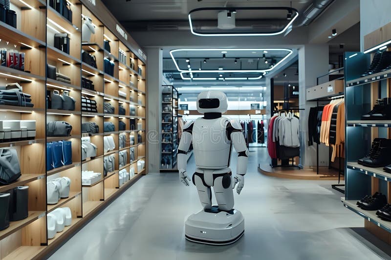 Robotique de détail Autonomous Robot navigue Aisles de magasin moderne Efficacement et Élégamment révolutionner le client illustration de vecteur