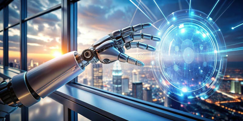 Robotische Hand interagiert mit einer futuristischen digitalen Schnittstelle, die bei Sonnenuntergang aus einem Hochfenster betrac lizenzfreie abbildung