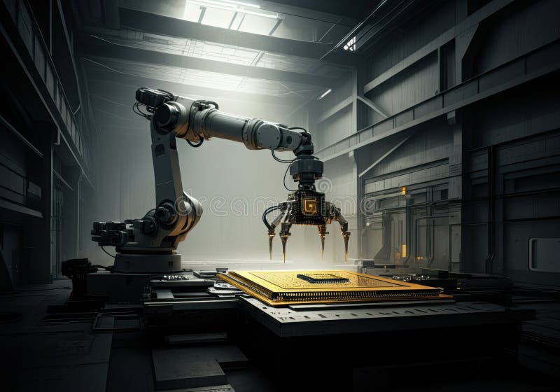 Robotisk arm som sätter ihop ett mikrochip i en högteknologisk industrimiljö arkivfoton