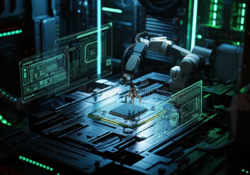 Robotisk arm som sätter samman ett mikrochip i en framtida teknisk miljö arkivfoto