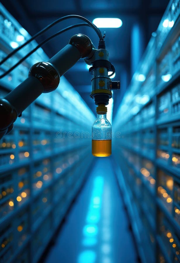 Robotisk armhållningsflaska i terministiskt labbsystem DNA-lagringskoncept. Automatiserad forskning inom avancerad teknik. En robotarm håller precis en flaska fylld med vätska i ett futuristiskt laboratorium. Scenen skildrar begreppet DNA-lagring med automatiserad vetenskap och avancerad teknik inom läkemedelsforskning. Labbet är fyllt med hyllor som innehåller ett stort antal flaskor som alla tappats i ett svalt blått ljus som betonar den sterila och högteknologiska miljön.