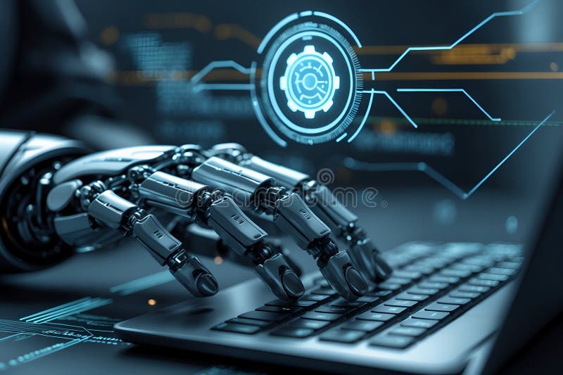 Robotisk armtypning på tangentbord på bärbara datorer med gränssnitt för futuristisk teknik vektor illustrationer