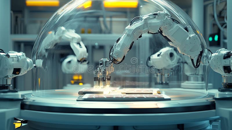 Robotiska armar som sätter ihop hudfläckar under glasdomän. royaltyfri foto