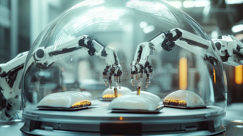 Robotiska armar som sätter ihop hudfläckar under glasdomän. royaltyfria foton