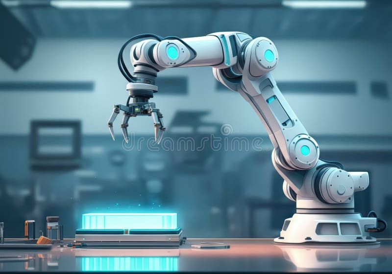 Robotiska armmonteringsdelar i en modern tillverkningsmiljö arkivfoto