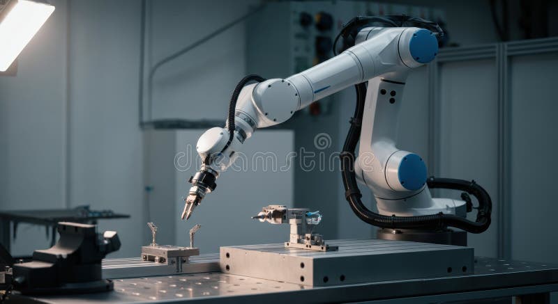 Robotiska armsystem som monterar precisionsdelar i en modern tillverkningsanläggning arkivfoton