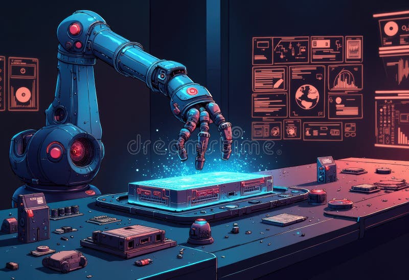 Robotiska armsystem som samlar in elektronik i en högteknologisk miljö royaltyfri foto