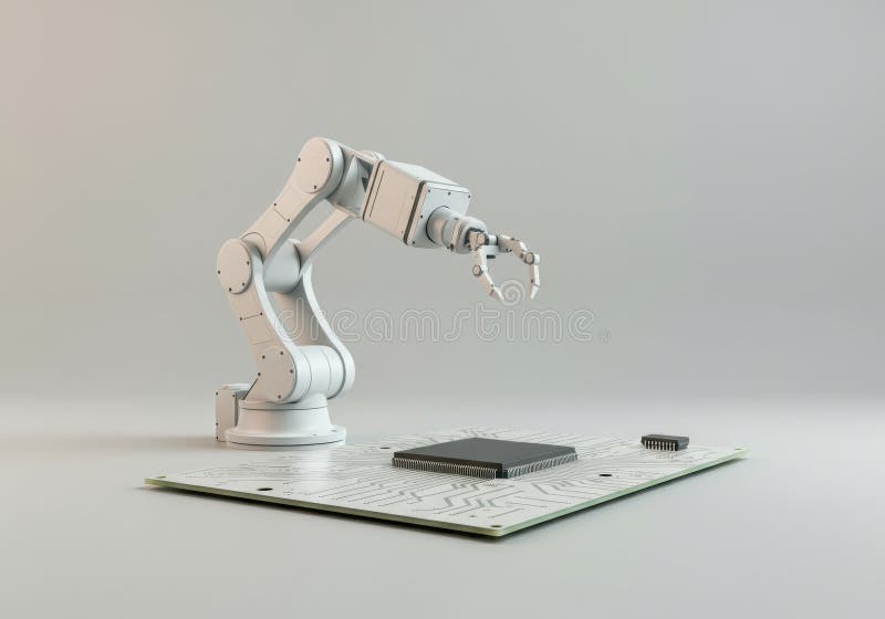 Robotiska delar för montering av armsystem på ett kretskort royaltyfri bild