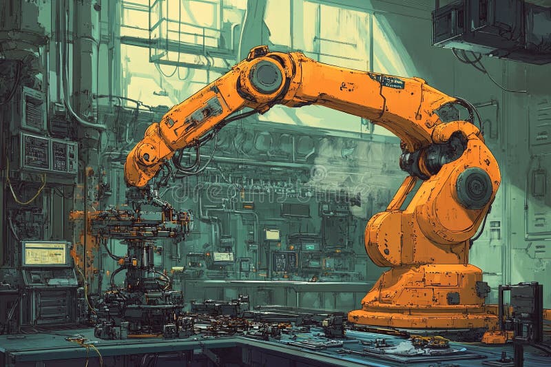 Robotiska delar som monterar delar i industriellt automatiserade system och teknikkoncept arkivfoto