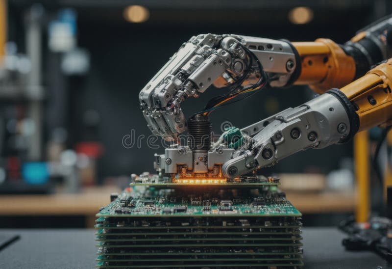Robotiska händer som sätter samman elektroniska komponenter på ett kretskort royaltyfri foto
