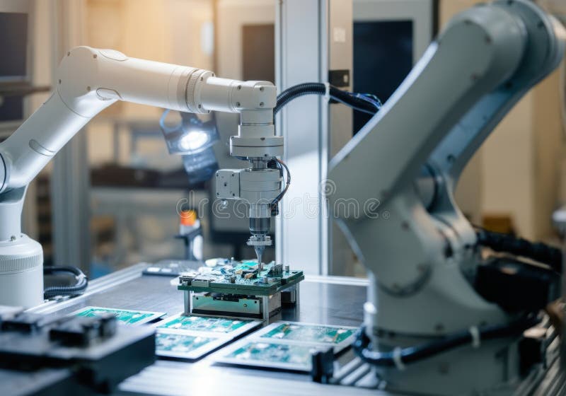 Robotiska kretskort för montering av vapen i en modern tillverkningsanläggning fotografering för bildbyråer
