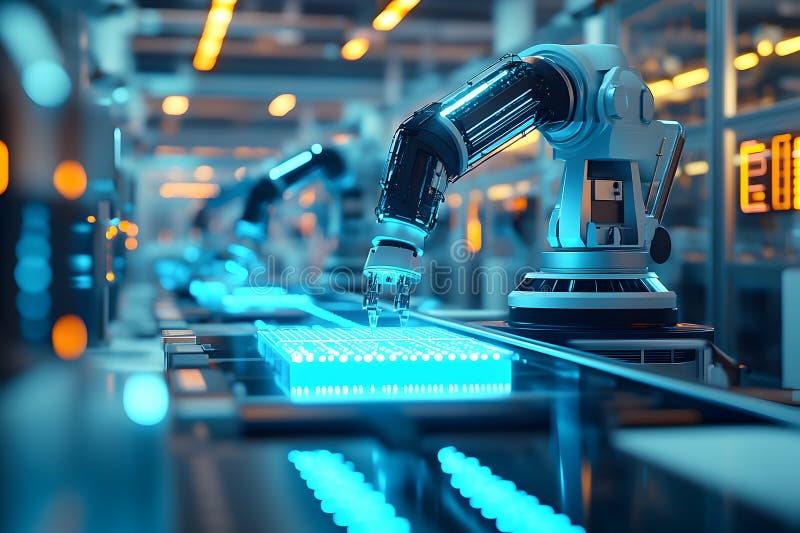 Robotiska kretskort i moderna högteknologiska fabriker arkivbild