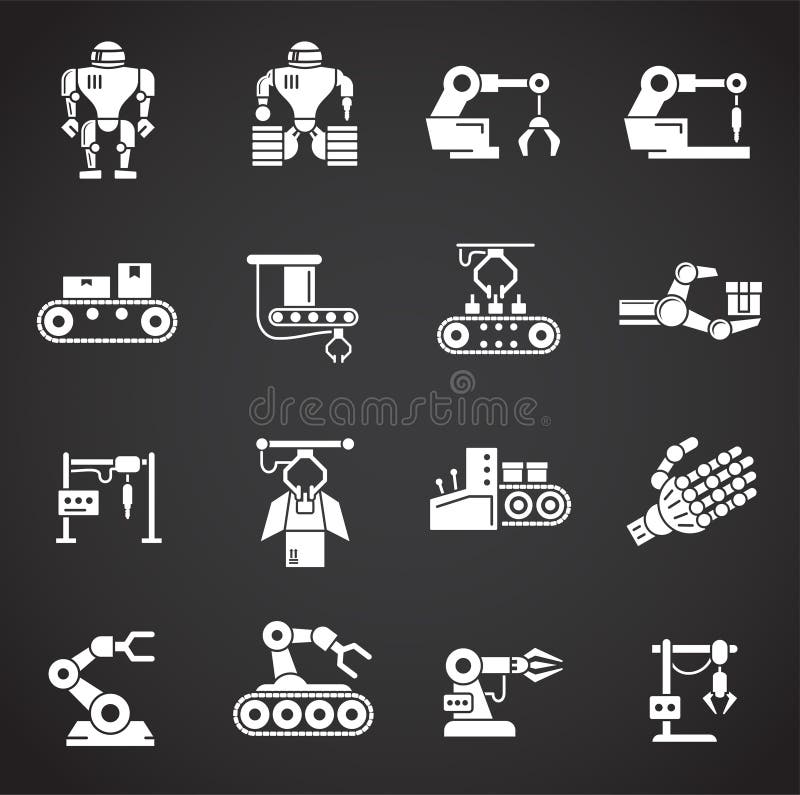 Robotiska tillverkarrelaterade ikoner som ställs in på bakgrunden för grafik- och webbdesign Konceptsymbol för kreativa illustrat royaltyfri illustrationer