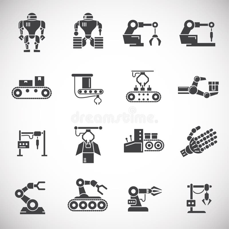 Robotiska tillverkarrelaterade ikoner som ställs in på bakgrunden för grafik- och webbdesign Konceptsymbol för kreativa illustrat stock illustrationer