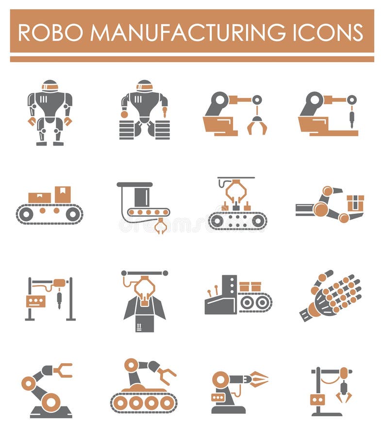 Robotiska tillverkarrelaterade ikoner som ställs in på bakgrunden för grafik- och webbdesign Konceptsymbol för kreativa illustrat stock illustrationer