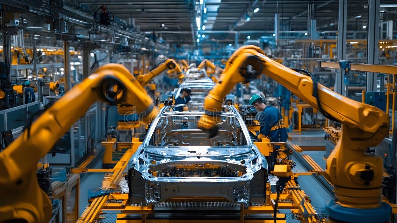 Robotiska vapen i en modern bilfabrik arkivbild