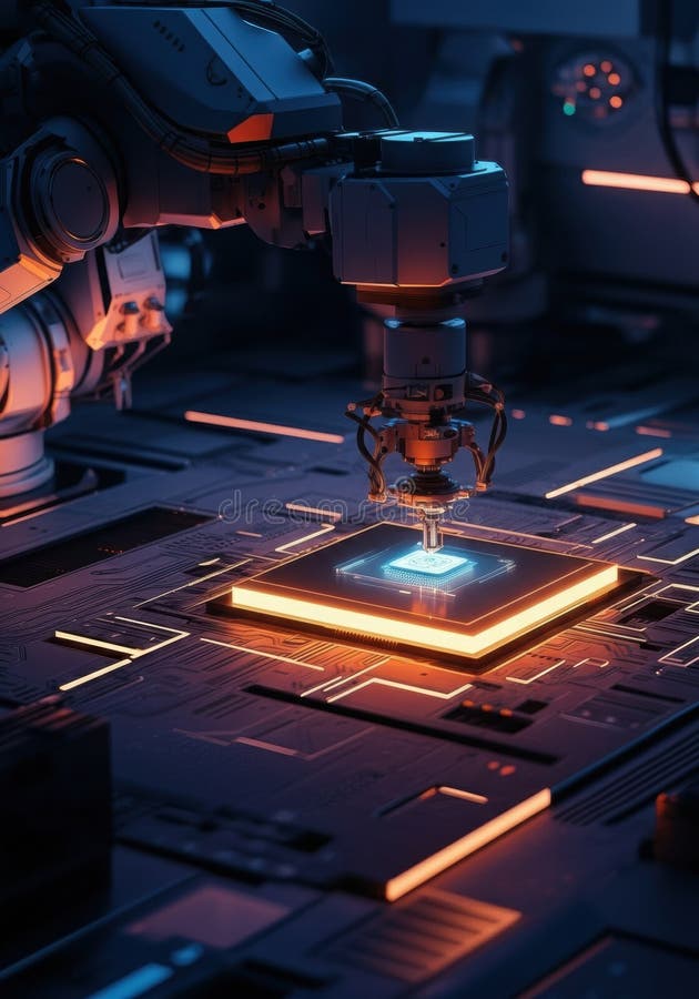 Robotiska vapen som sätter samman ett mikrochip i en terministisk teknik fotografering för bildbyråer