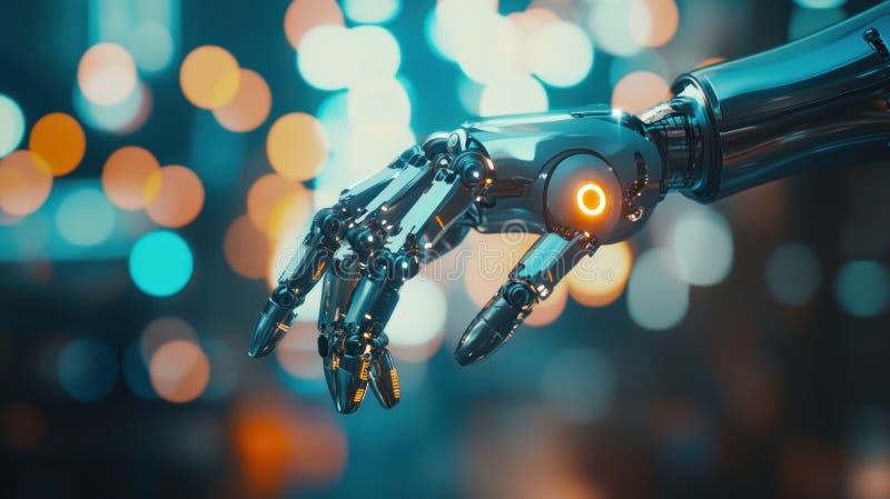 Robotiskt armkoncept på framtidsinriktad, bådafrikansk bakgrund för teknikdesign. En gleaming metallisk robotarm framställs mot en bräcklig bakgrund av oskarpa stadsljus som denna bild förkroppsligar artificiell intelligens och framtida teknikkoncept som den avancerade mekaniska handen antyder innovationsautomatisering och en sömlös integrering av människor och maskiner i framtida design
