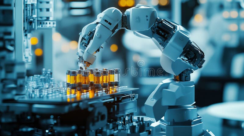Robotiskt armsystem för medicinska injektionsflaskor i farmaceutiskt laboratorium arkivbilder