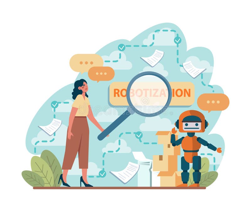 Robotization concept. Artificial intelligence as a part of human routine. Robots for people assistance. AI development, future technology concept. Flat vector illustration