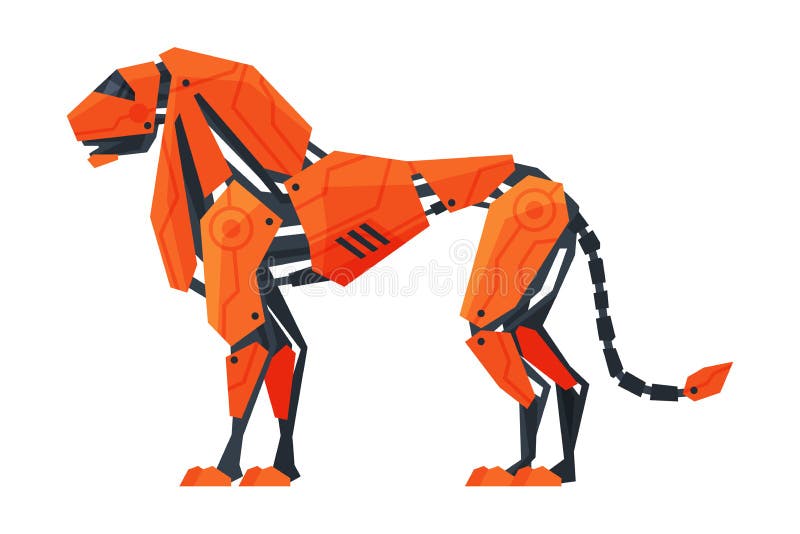 Robotizzatore robotico di intelligenza artificiale di leone selvatico su fondo bianco. Robot di leone selvatico di origine animale artificiale intelligenza robotica illustrazione vettoriale di un animale robotico isolato su fondo bianco.