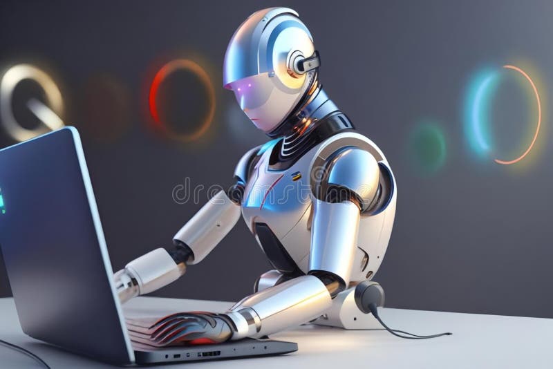 Robotkonceptet robotfingerspunkt för den bärbara knappens generativa ai stock illustrationer