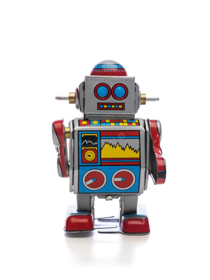 Robotleksak i veteranstil isolerad på vitt royaltyfri bild