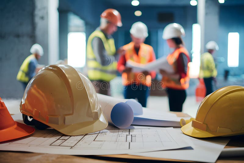 Construction workers in helmets discuss with safety gear and blueprints amidst bustling site. Generative AI. Construction workers in helmets discuss with safety gear and blueprints amidst bustling site. Generative AI