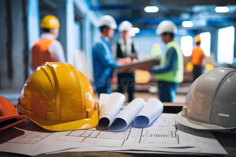 Construction workers in helmets discuss with safety gear and blueprints amidst bustling site. Generative AI. Construction workers in helmets discuss with safety gear and blueprints amidst bustling site. Generative AI