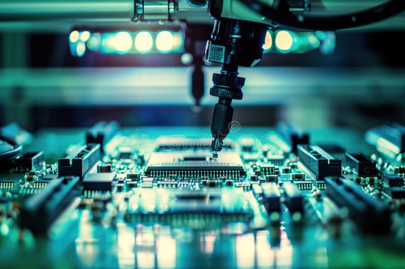 Robotrustning för elektronisk kretskort med precision i en högteknologisk tillverkningsanläggning. arkivfoto