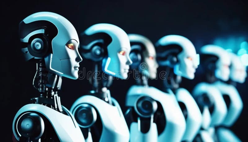 Robots ai en una fila sobre fondo negro. Robots ai en fila listos para trabajar en lugar de personas