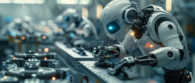 Robots assembling small mechanical parts with high precision in an industrial setting royalty free illustration