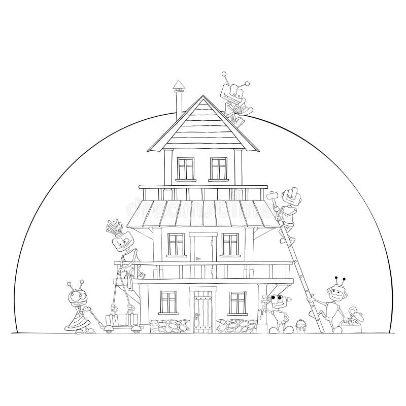 Robots Build House. Coloring Page. Kids Fun. Stock Vector