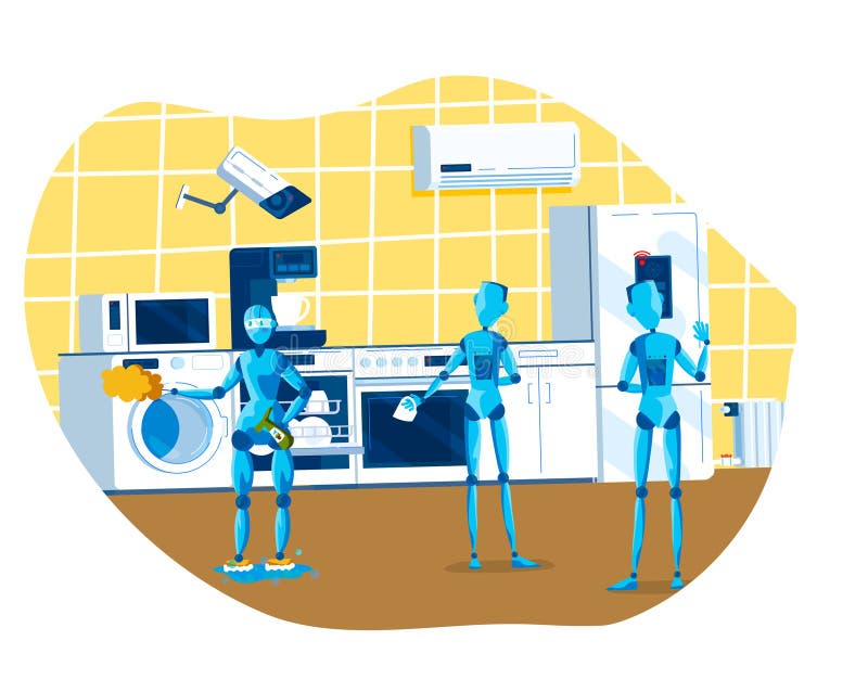 Robots cleaning kitchen, doing laundry and organizing fridge. Futuristic home automation with AI technology. Smart home royalty free illustration