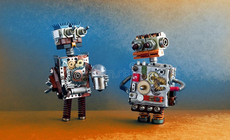 Robots communication, artificial intelligence concept. Two robotic characters with light bulb. stock photos Robots communication, artificial intelligence concept. Two robotic characters with light bulb. stock photos