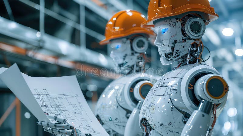 Robots in construction site holding blueprints analyzing architecture plans. generated with AI stock illustration