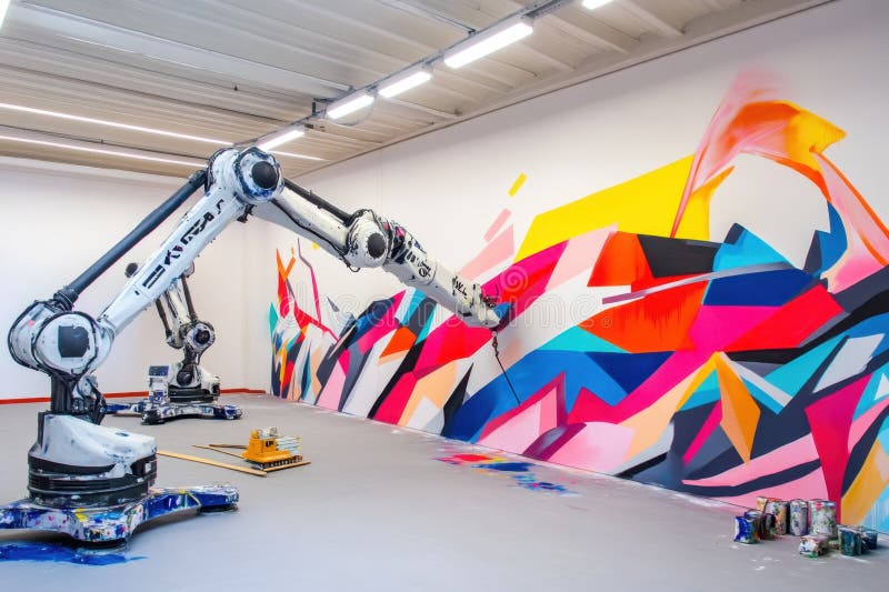 Robots creating vibrant abstract mural in modern art studio setting stock illustration