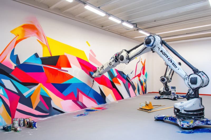 Robots creating vibrant abstract mural in modern art studio setting vector illustration