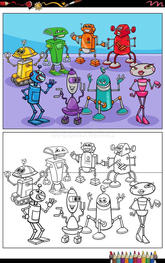 Desenho de cores básicas com conjunto de personagens de robôs para colorir