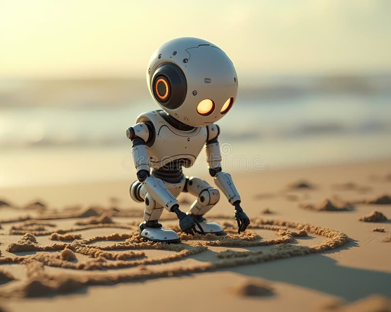 Robots with Emotions: A mischievous robot drawing patterns in the sand on a beach royalty free illustration