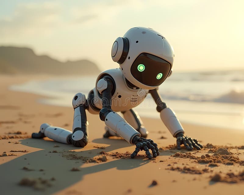 Robots with Emotions: A mischievous robot drawing patterns in the sand on a beach vector illustration