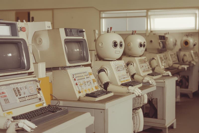 Robots engaged in computing tasks at a technology workspace stock image
