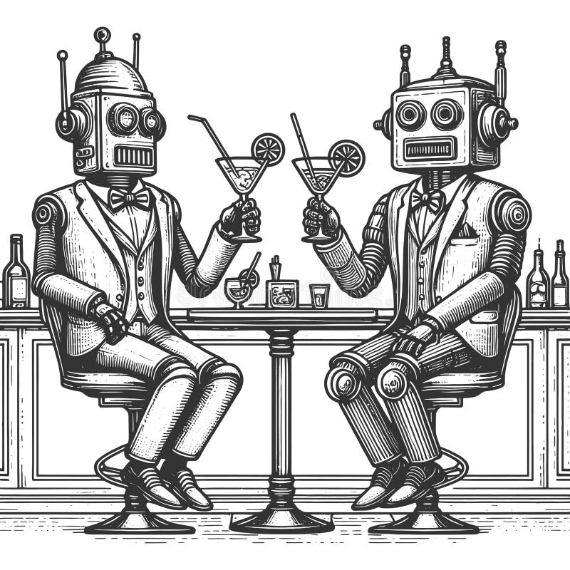 Robots Enjoying Cocktails at bar raster stock image