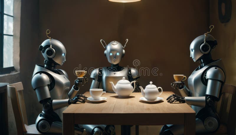 Robots Enjoying a Tea Break Together stock photos