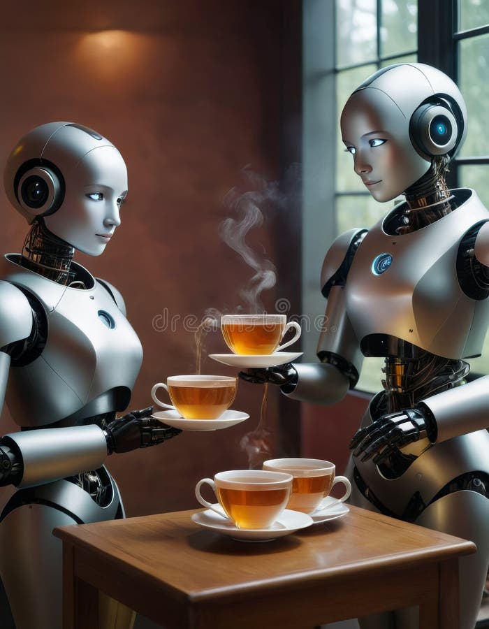 Robots Enjoying a Tea Break Together royalty free stock image