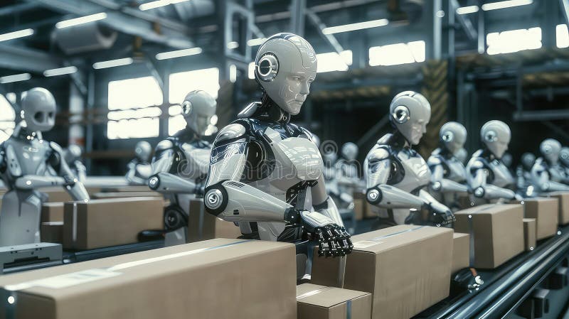 White robot in factory is packing products in cardboard. generated with AI vector illustration