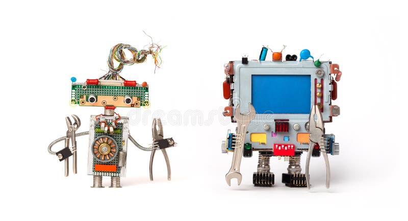 Robots friends ready for service repair. Funny robotic characters with instrument, pliers hand wrenches. Empty blue royalty free stock photos Robots friends ready for service repair. Funny robotic characters with instrument, pliers hand wrenches. Empty blue royalty free stock photos