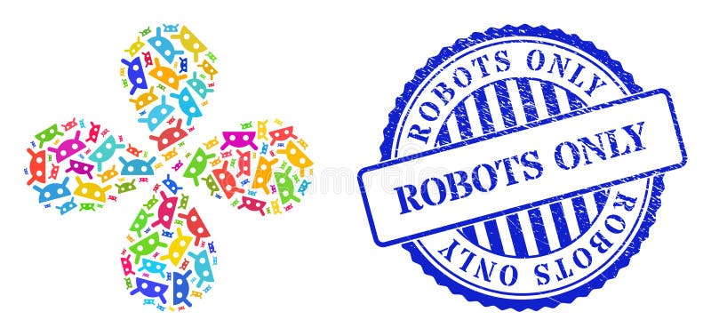 Robots Only Grunge Seal and Robot Head Colored Swirl Burst royalty free illustration